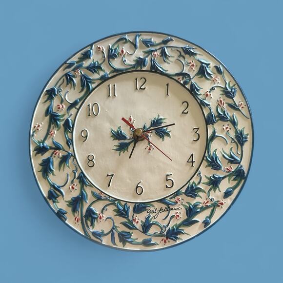 Gail Pittman Floral Wall Hanging Clock Blue Signed 9” - Picture 1 of 2